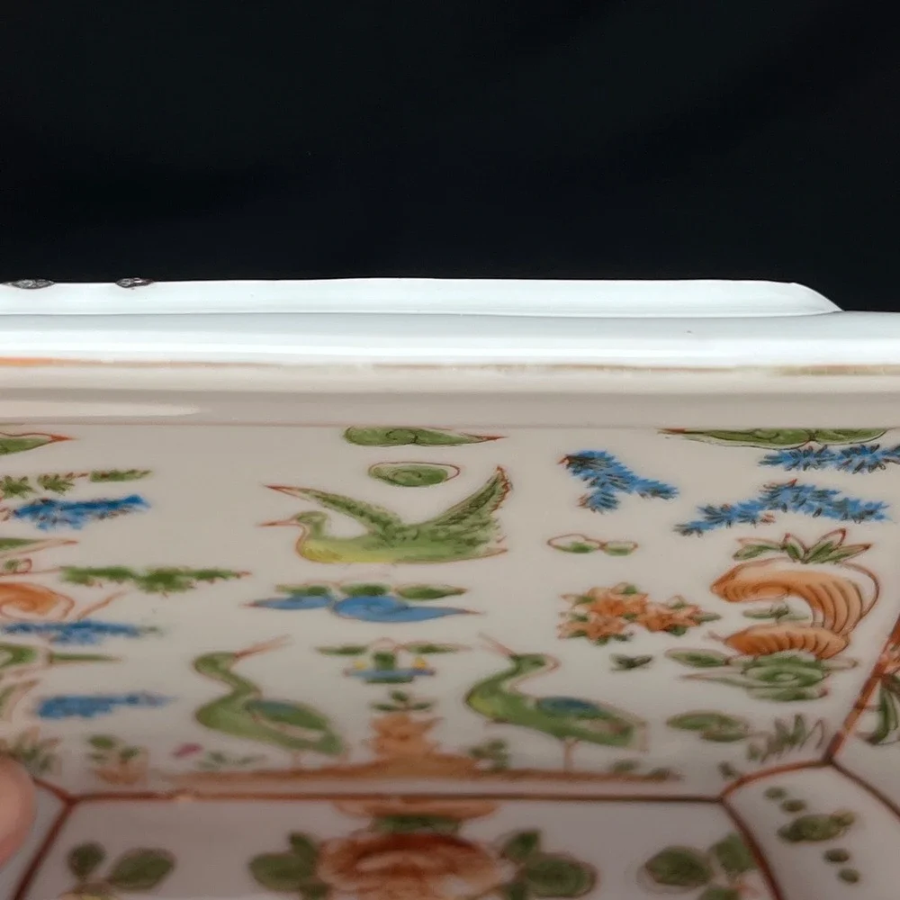 Vintage Hand Painted Porcelain Plate Bowl‎ Set Brass Rim Oriental Asian Horchow